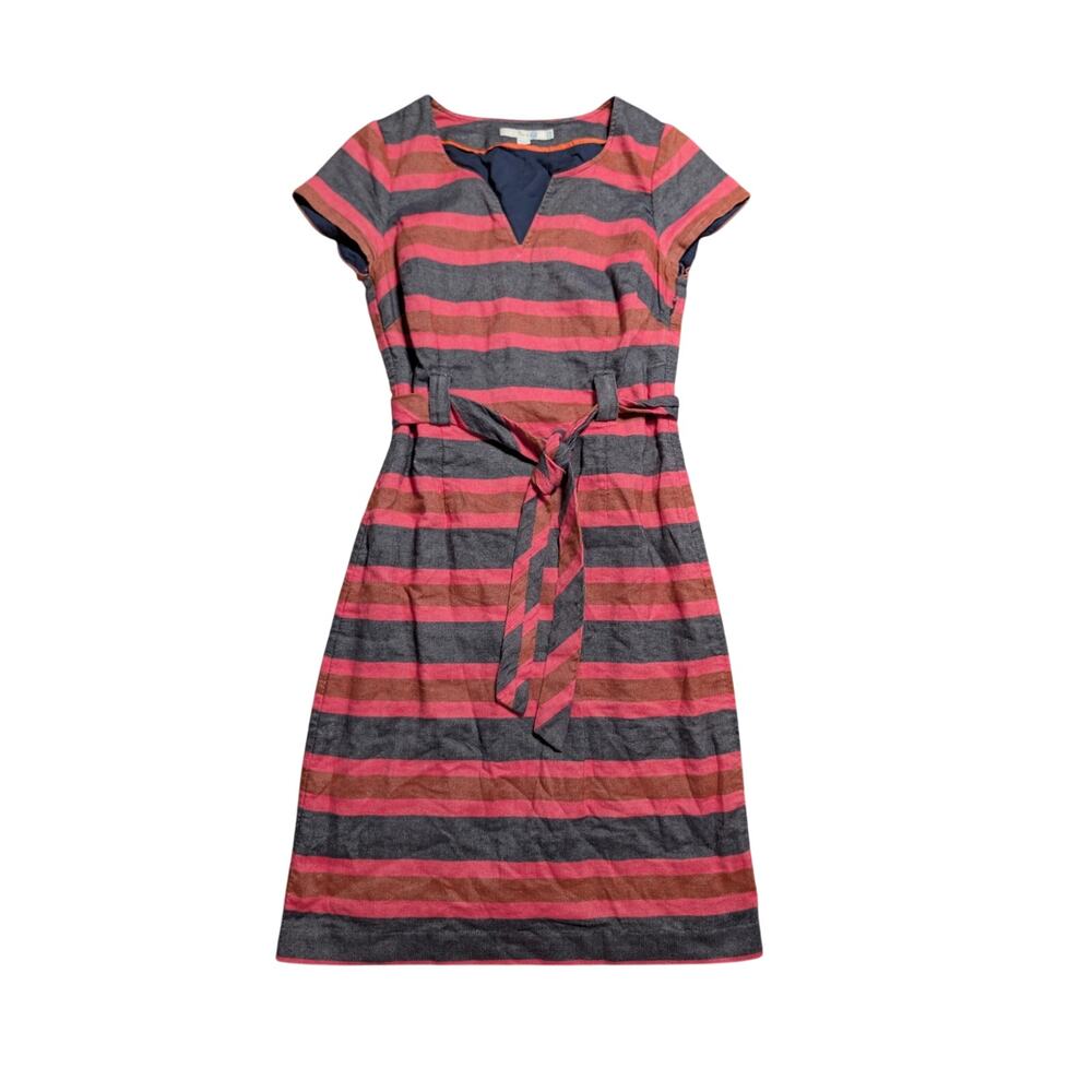 Boden Women Cap Sleeve Sheath Dress Gray Coral Striped Belted Linen Cotton US 8L